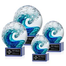 Ocean Wave on Plated Crystal Base Blue Globe Glass Trophy - Art Glass Trophies