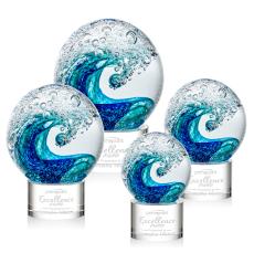 Ocean Wave on Round Base Clear Globe Glass Trophy - Art Glass Trophies