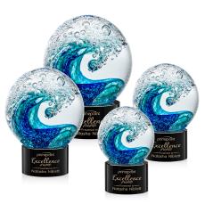 Ocean Wave on Round Base Black Globe Glass Trophy - Glass Trophies