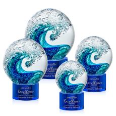 Ocean Wave on Round Base Blue Globe Glass Trophy - Art Glass Trophies