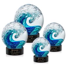 Ocean Wave on Lockwood Base Black Globe Glass Trophy - Glass Trophies