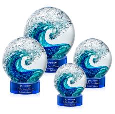 Ocean Wave on Lockwood Base Blue Globe Glass Trophy - Glass Trophies