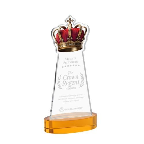 Awards and Plaques - Crystal Trophies - Crown on Alberton Base Amber Unique Crystal Trophy