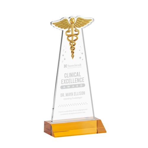 Awards and Plaques - Crystal Trophies - Caduceus Amber Unique Crystal Trophy