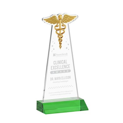 Awards and Plaques - Crystal Trophies - Caduceus Green Unique Crystal Trophy