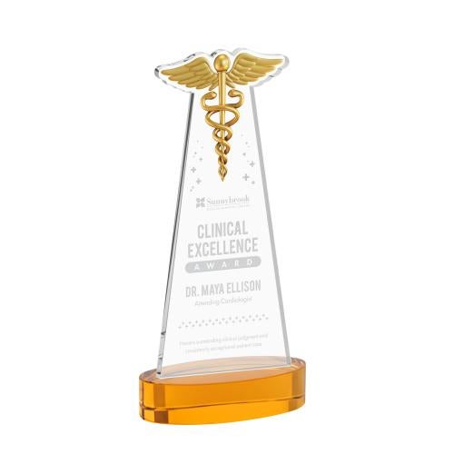 Awards and Plaques - Crystal Trophies - Caduceus on Alberton Base Amber Unique Crystal Trophy