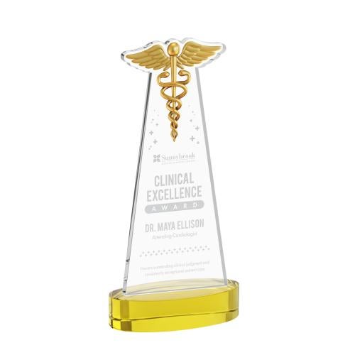 Awards and Plaques - Crystal Trophies - Caduceus on Alberton Base Gold Unique Crystal Trophy