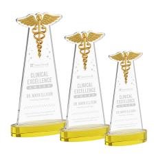Caduceus on Alberton Base Gold Unique Crystal Trophy - Crystal Trophies