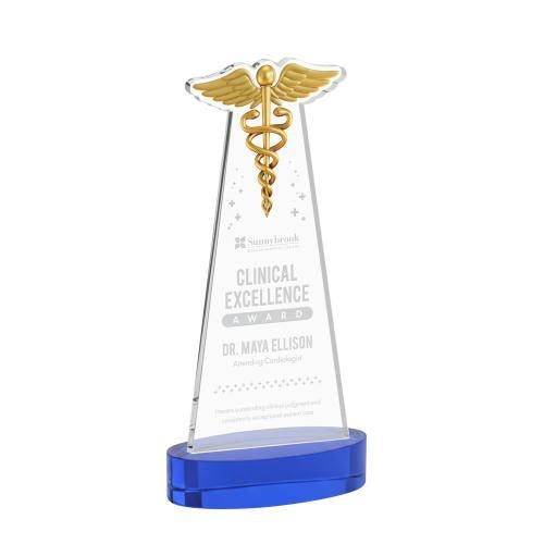 Awards and Plaques - Crystal Trophies - Caduceus on Alberton Base Blue Unique Crystal Trophy