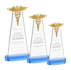 Caduceus on Alberton Base Sky Blue Unique Crystal Trophy - Crystal Trophies
