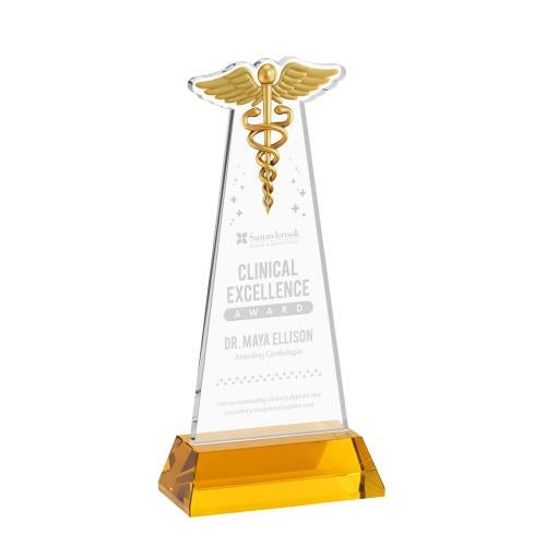 Awards and Plaques - Crystal Trophies - Caduceus on Hartford Base Amber Unique Crystal Trophy