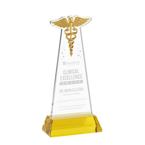 Awards and Plaques - Crystal Trophies - Caduceus on Hartford Base Gold Unique Crystal Trophy