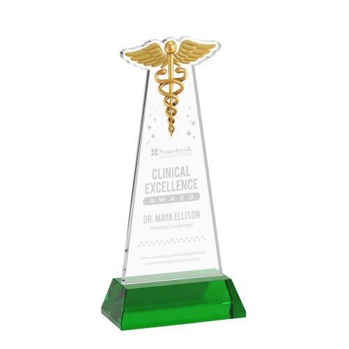 Awards and Plaques - Crystal Trophies - Caduceus on Hartford Base Green Unique Crystal Trophy