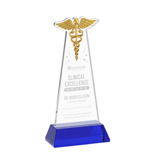 Awards and Plaques - Crystal Trophies - Caduceus on Hartford Base Blue Unique Crystal Trophy