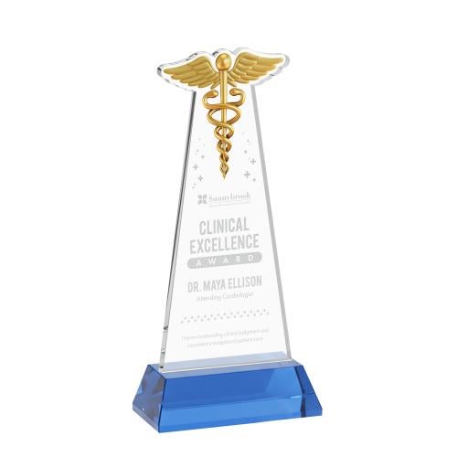 Awards and Plaques - Crystal Trophies - Caduceus on Hartford Base Sky Blue Unique Crystal Trophy