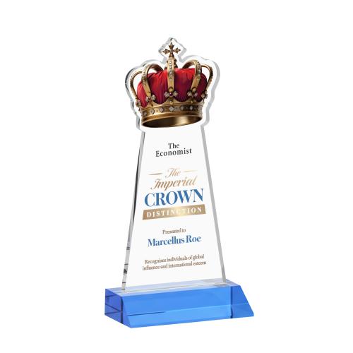 Awards and Plaques - Crystal Trophies - Crown Full Color Sky Blue Unique Crystal Trophy