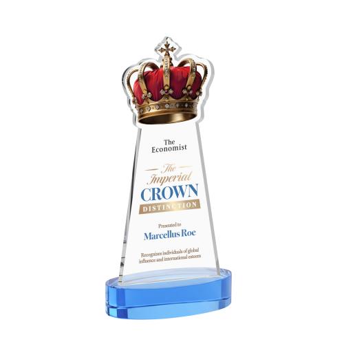 Awards and Plaques - Crystal Trophies - Crown Full Color on Alberton Base Sky Blue Unique Crystal Trophy