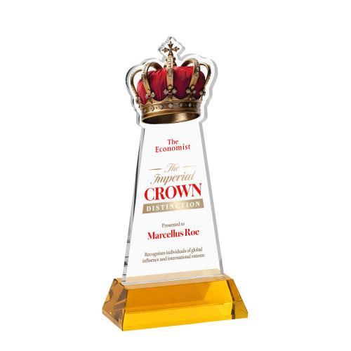 Awards and Plaques - Crystal Trophies - Crown Full Color on Hartford Base Amber Unique Crystal Trophy