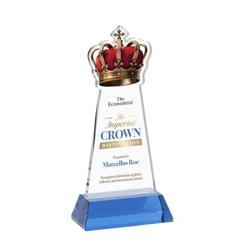 Awards and Plaques - Crystal Trophies - Crown Full Color on Hartford Base Sky Blue Unique Crystal Trophy