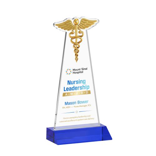 Awards and Plaques - Crystal Trophies - Caduceus Full Color Blue Unique Crystal Trophy