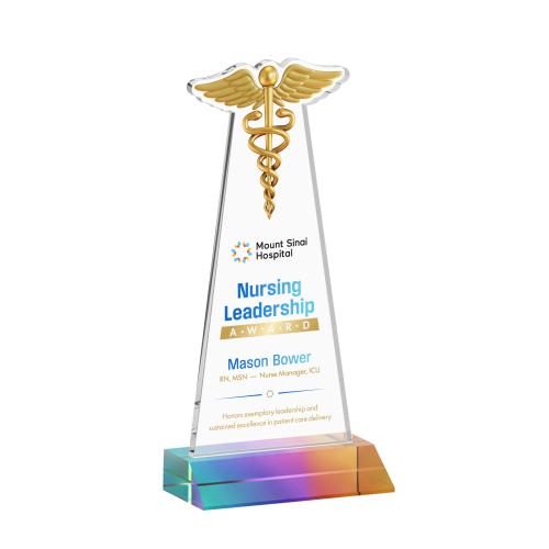 Awards and Plaques - Crystal Trophies - Caduceus Full Color Prismatic Unique Crystal Trophy