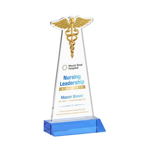 Awards and Plaques - Crystal Trophies - Caduceus Full Color Sky Blue Unique Crystal Trophy