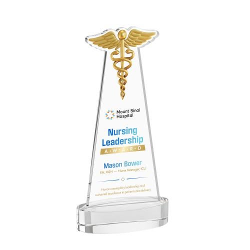 Awards and Plaques - Crystal Trophies - Caduceus Full Color on Alberton Base Clear Unique Crystal Trophy