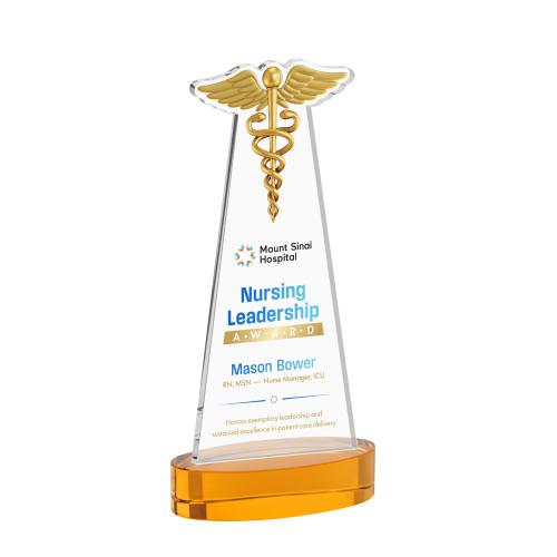 Awards and Plaques - Crystal Trophies - Caduceus Full Color on Alberton Base Amber Unique Crystal Trophy