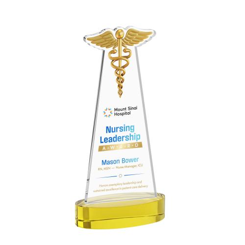 Awards and Plaques - Crystal Trophies - Caduceus Full Color on Alberton Base Gold Unique Crystal Trophy