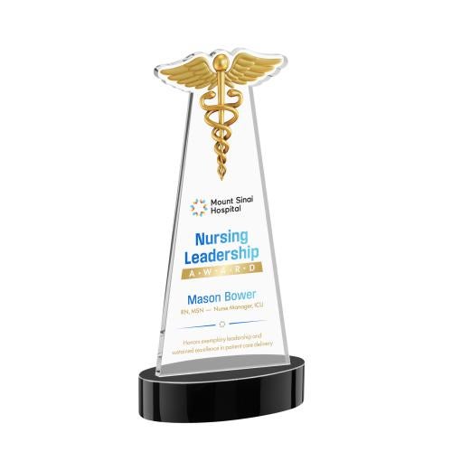 Awards and Plaques - Crystal Trophies - Caduceus Full Color on Alberton Base Black Unique Crystal Trophy