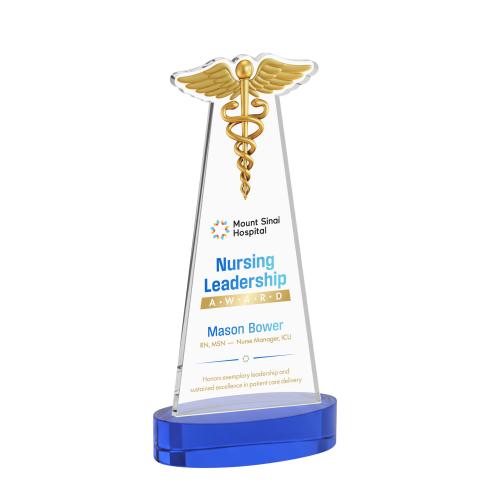 Awards and Plaques - Crystal Trophies - Caduceus Full Color on Alberton Base Blue Unique Crystal Trophy