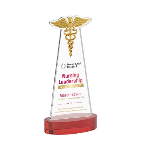 Awards and Plaques - Crystal Trophies - Caduceus Full Color on Alberton Base Red Unique Crystal Trophy