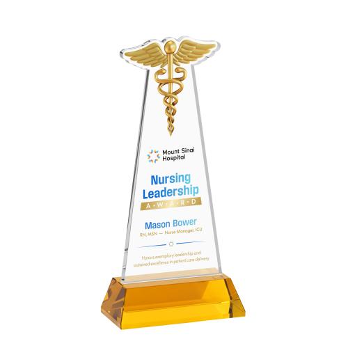 Awards and Plaques - Crystal Trophies - Caduceus Full Color on Hartford Base Amber Unique Crystal Trophy