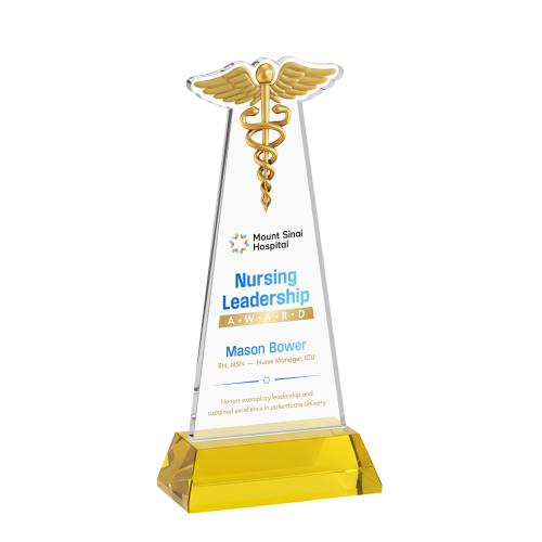 Awards and Plaques - Crystal Trophies - Caduceus Full Color on Hartford Base Gold Unique Crystal Trophy