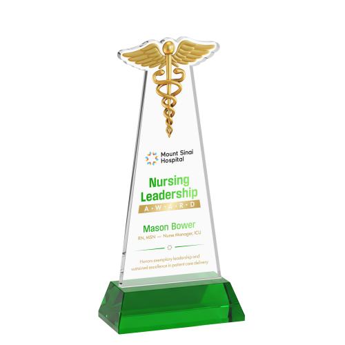 Awards and Plaques - Crystal Trophies - Caduceus Full Color on Hartford Base Green Unique Crystal Trophy