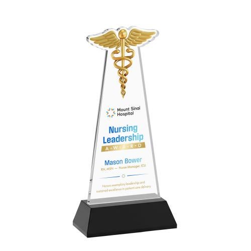 Awards and Plaques - Crystal Trophies - Caduceus Full Color on Hartford Base Black Unique Crystal Trophy