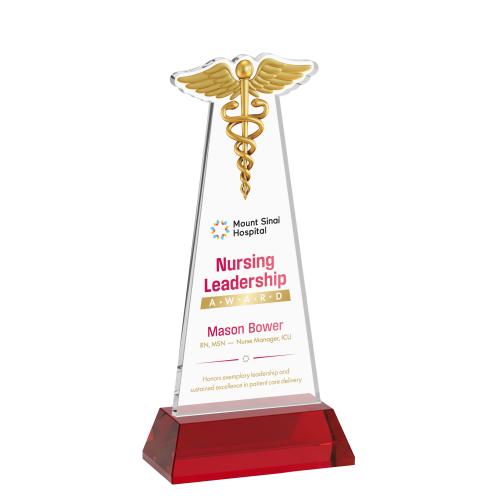 Awards and Plaques - Crystal Trophies - Caduceus Full Color on Hartford Base Red Unique Crystal Trophy