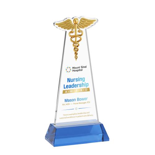 Awards and Plaques - Crystal Trophies - Caduceus Full Color on Hartford Sky Blue Unique Crystal Trophy