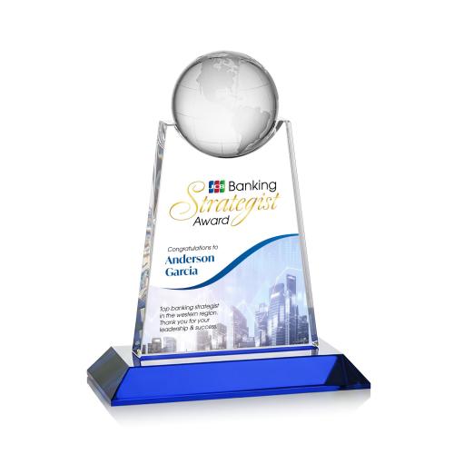 Awards and Plaques - Crystal Trophies - Mayes Full Color Blue Globe Crystal Trophy