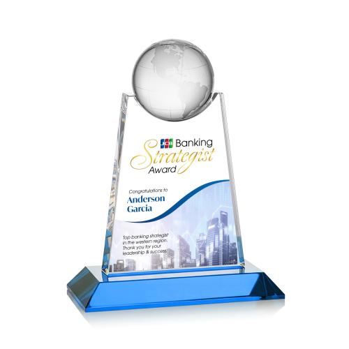 Awards and Plaques - Crystal Trophies - Mayes Full Color Sky Blue Globe Crystal Trophy