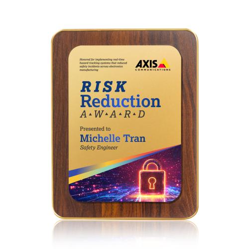 Awards and Plaques - Wall Plaque Awards - Reston Full Color Plaque - Walnut Finish/Gold