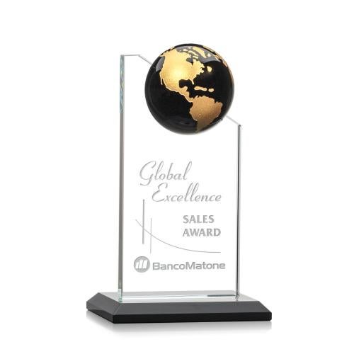 Awards and Plaques - Crystal Trophies - Myers Black/Gold Globe Crystal Trophy