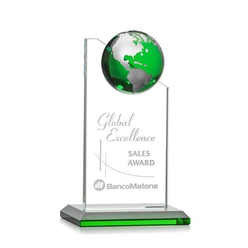 Awards and Plaques - Crystal Trophies - Myers Globe Green/Silver Peaks Crystal Trophy