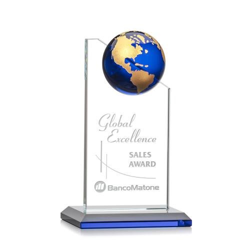 Awards and Plaques - Crystal Trophies - Myers Blue/Gold Globe Crystal Trophy
