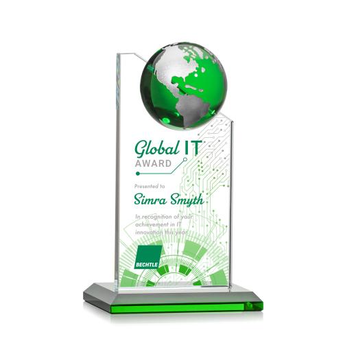 Awards and Plaques - Crystal Trophies - Myers Full Color  Green/Silver Globe Crystal Trophy