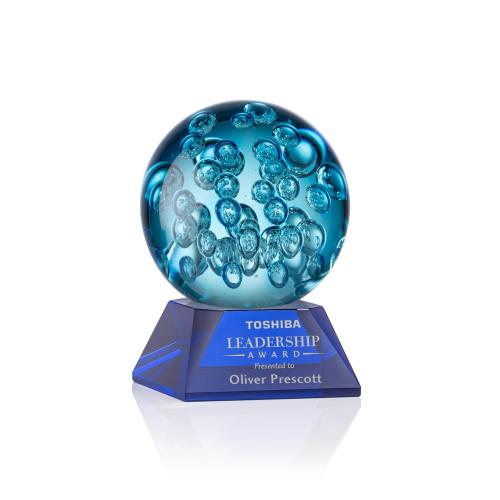 Awards and Plaques - Glass Trophies - Art Glass Trophies - Addison on Cahill Base Blue Globe Glass Trophy