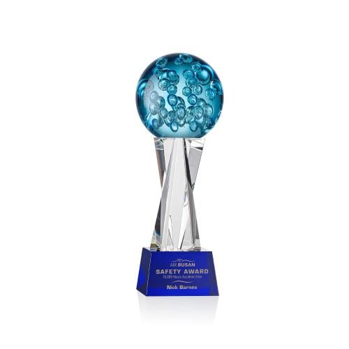 Awards and Plaques - Glass Trophies - Art Glass Trophies - Addison on Saldana Crystal Base Blue Globe Glass Trophy