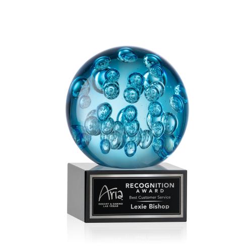 Awards and Plaques - Glass Trophies - Art Glass Trophies - Addison on Plated Crystal Base Black Globe Glass Trophy
