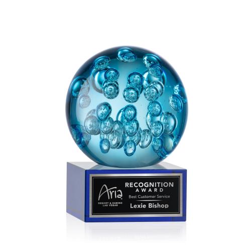 Awards and Plaques - Glass Trophies - Art Glass Trophies - Addison on Plated Crystal Base Blue Globe Glass Trophy