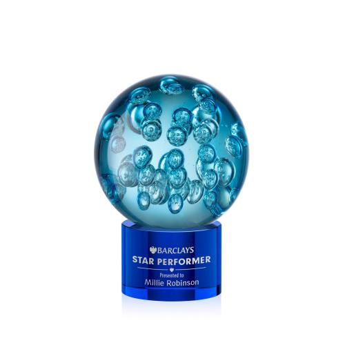 Awards and Plaques - Glass Trophies - Art Glass Trophies - Addison on Round Base Blue Globe Glass Trophy